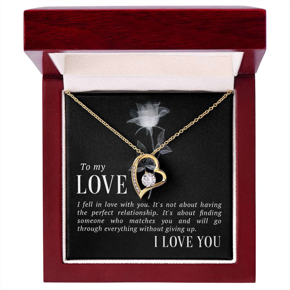 My Love Fell in Love Forever Love CZ Heart Necklace Yellow Gold Luxury Box